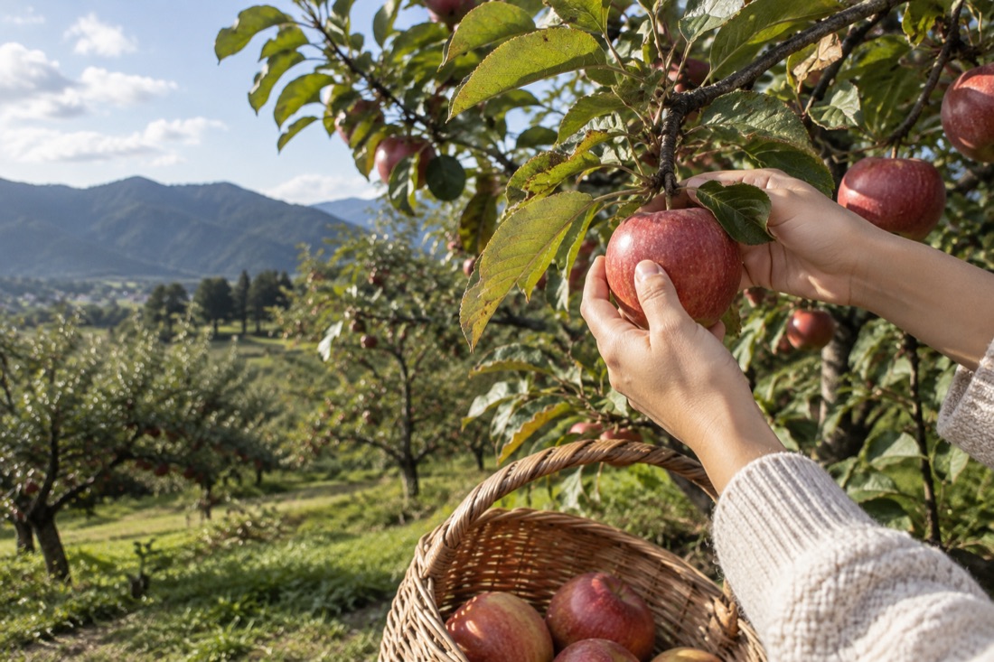 Apple picking on the Akagi Plateau — AI-generated concept