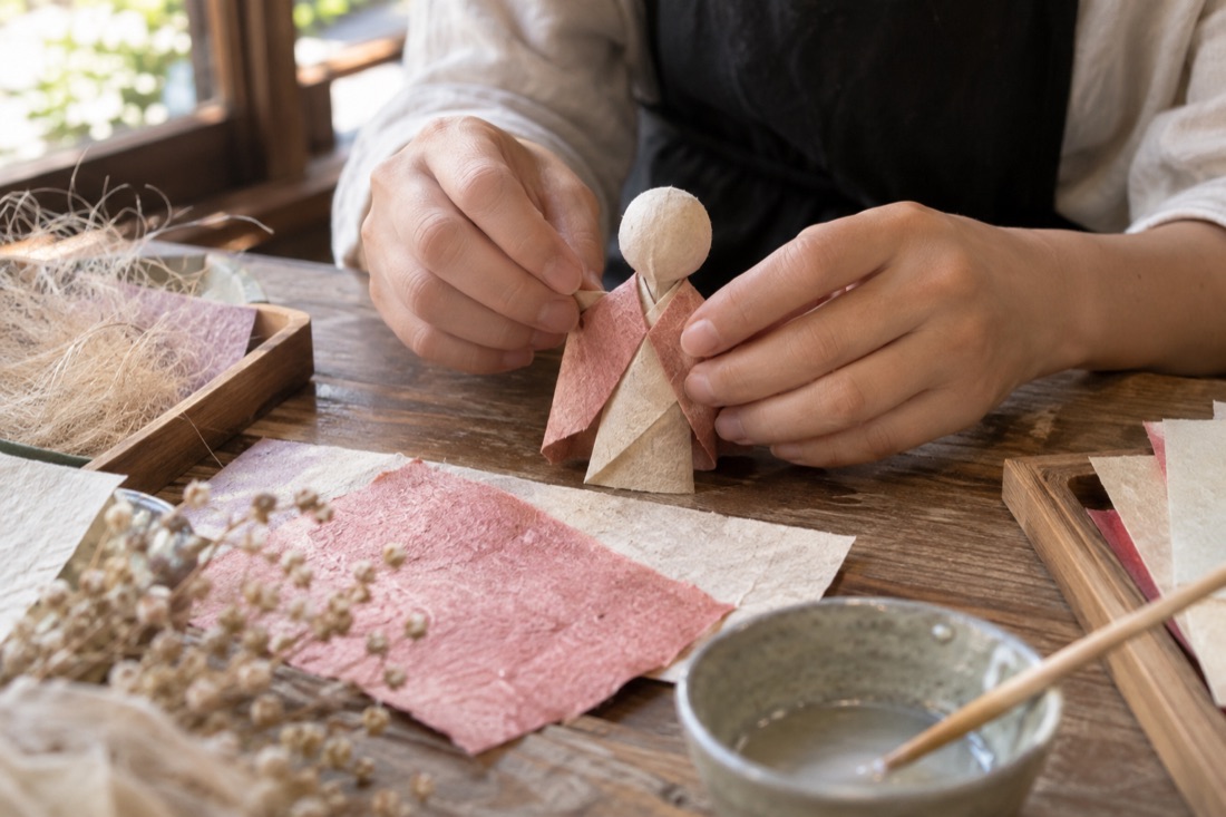 Washi dolls and papermaking in Tsuwano — AI-generated concept