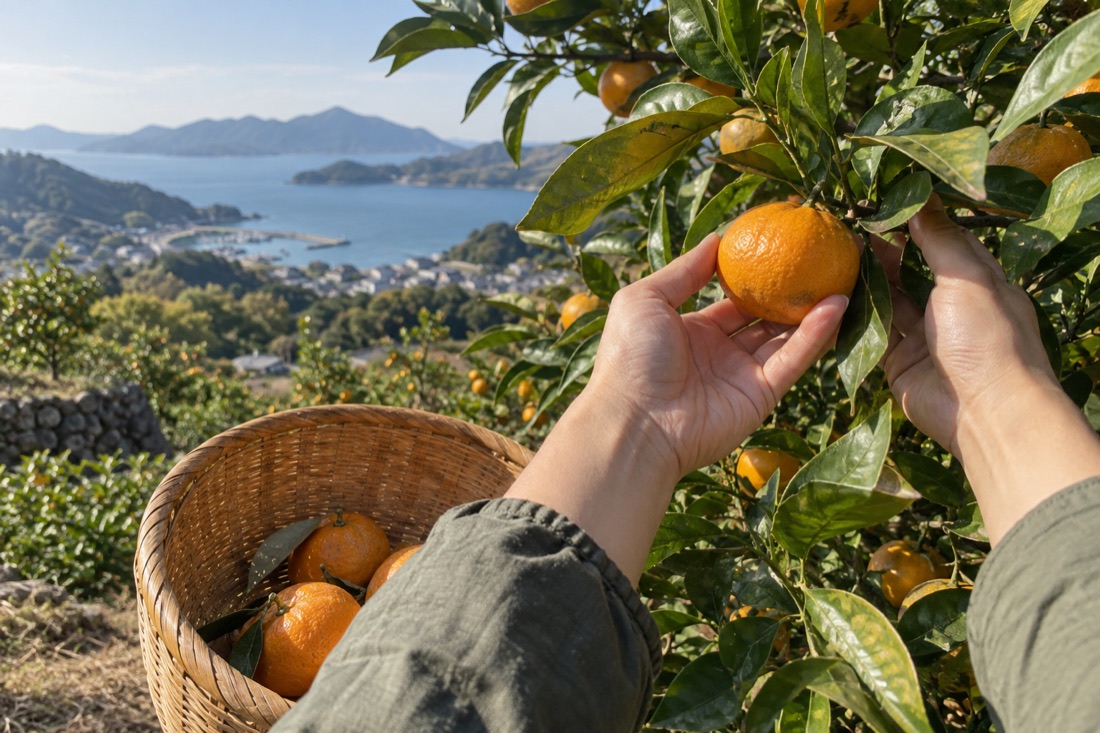 Mandarin picking in Yasugi — AI-generated concept