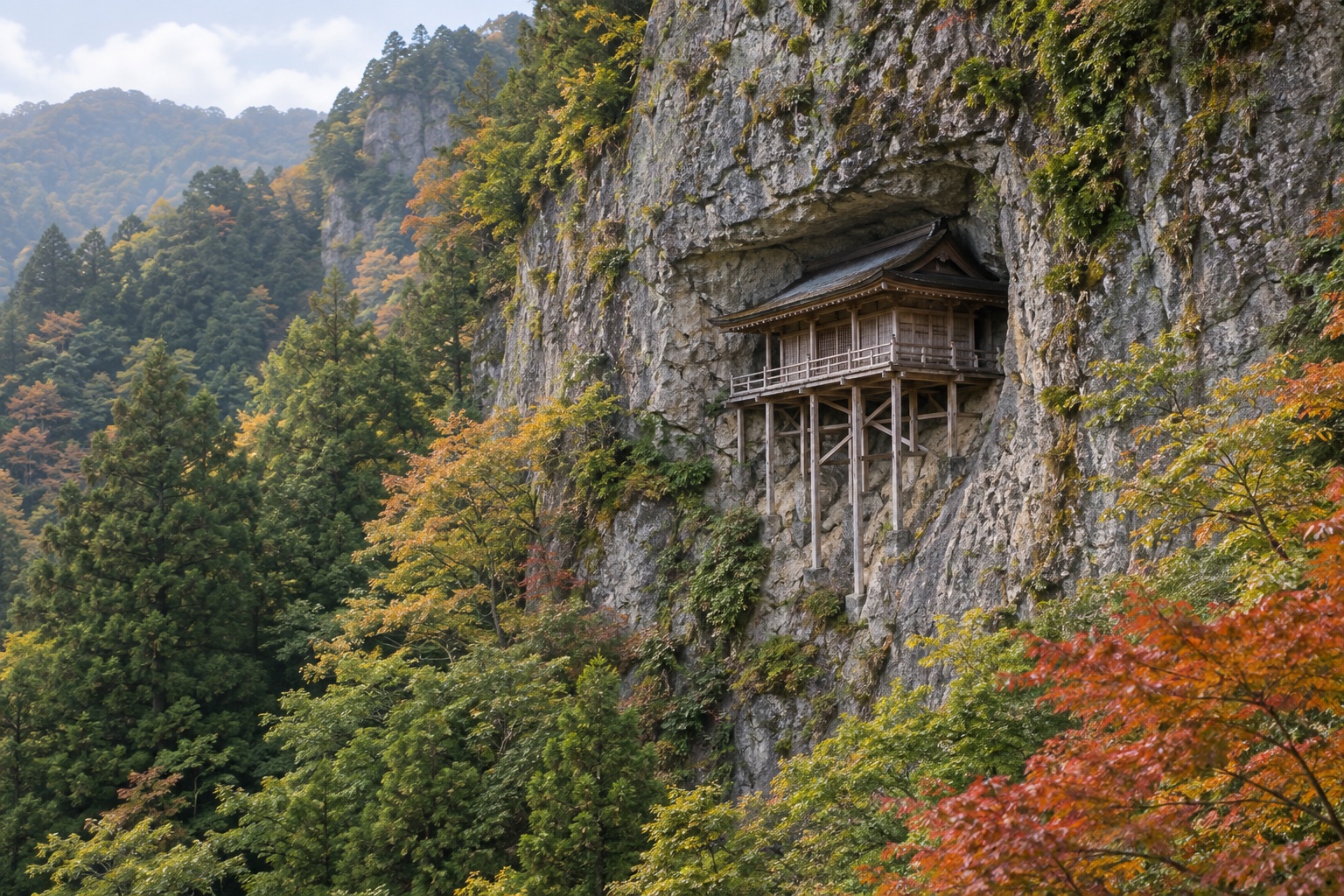 AI-generated illustration inspired by Mount Mitoku Sanbutsuji Temple and Nageiredo