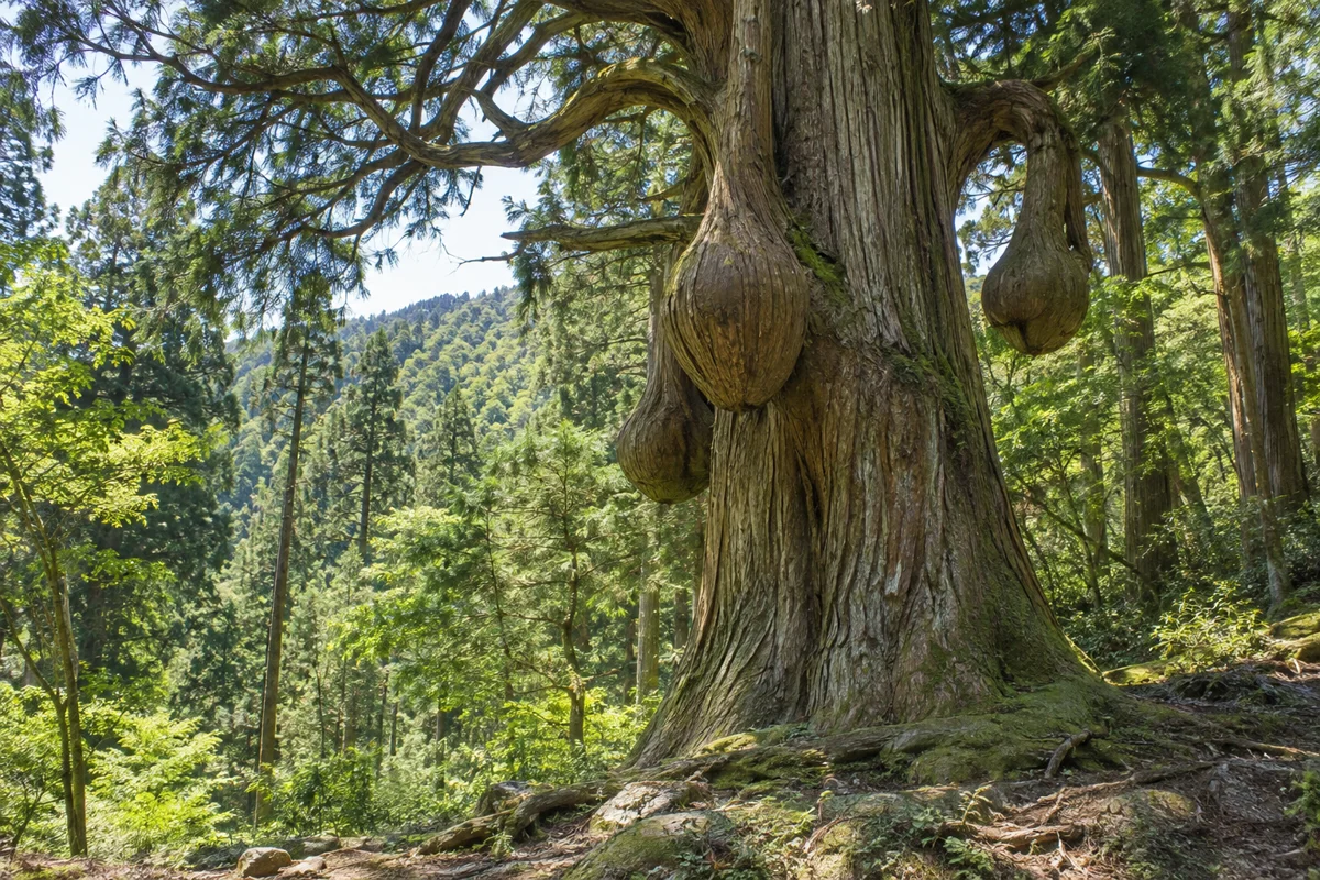 岩倉の乳房杉をテーマにしたAI生成イメージ