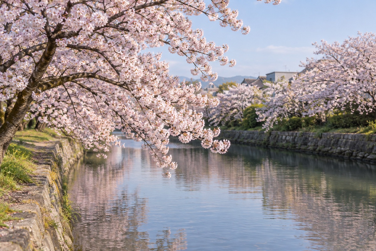 袋川沿いの桜並木をテーマにしたAI生成イメージ