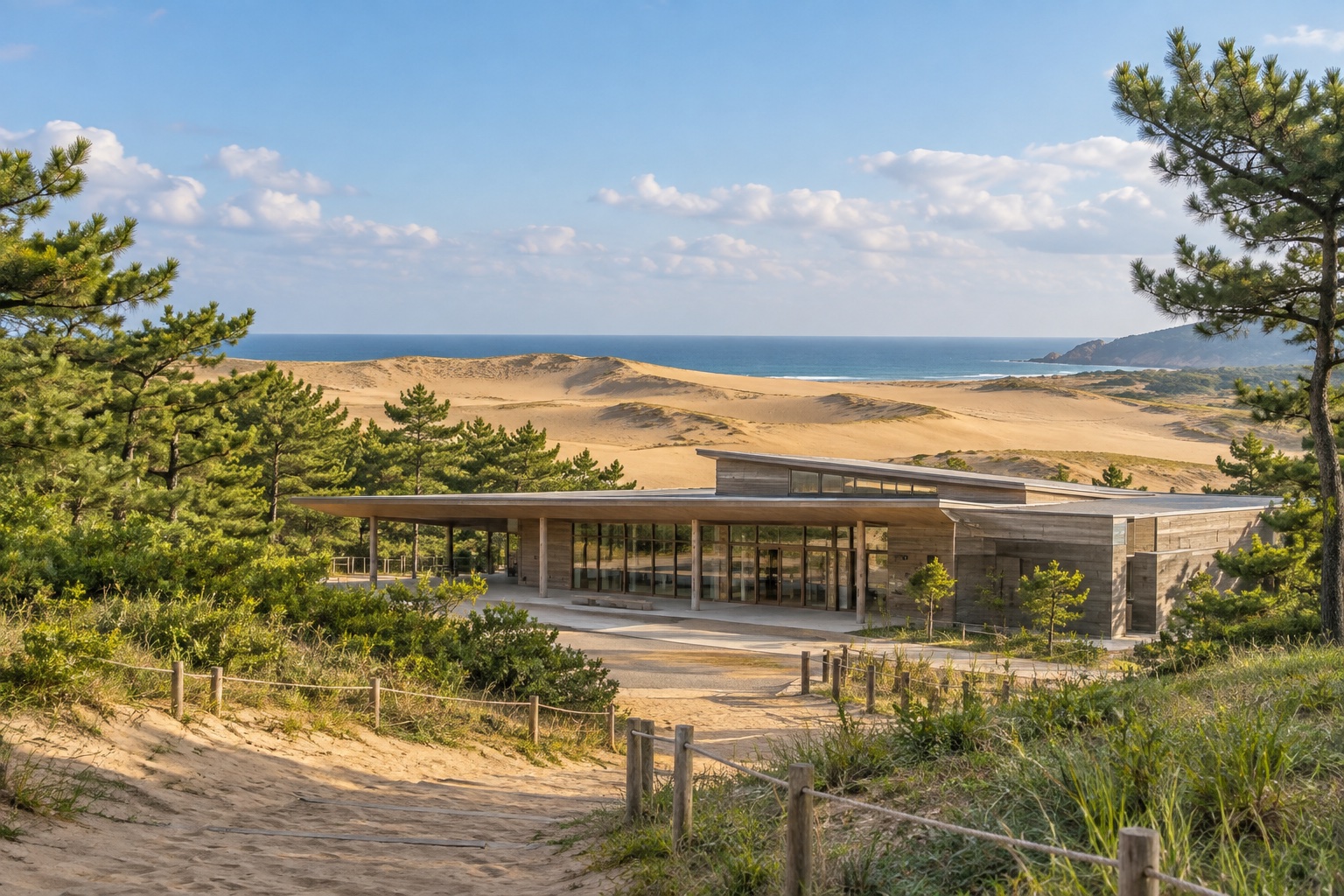 AI-generated illustration inspired by Tottori Sand Dunes Visitor Centre